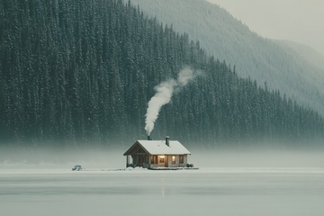 雪中山间小屋静谧风光655