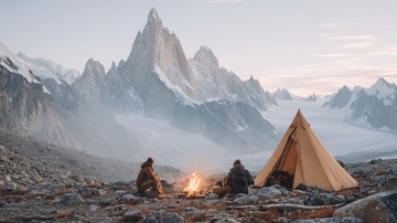 山间露营者与篝火帐篷美景063