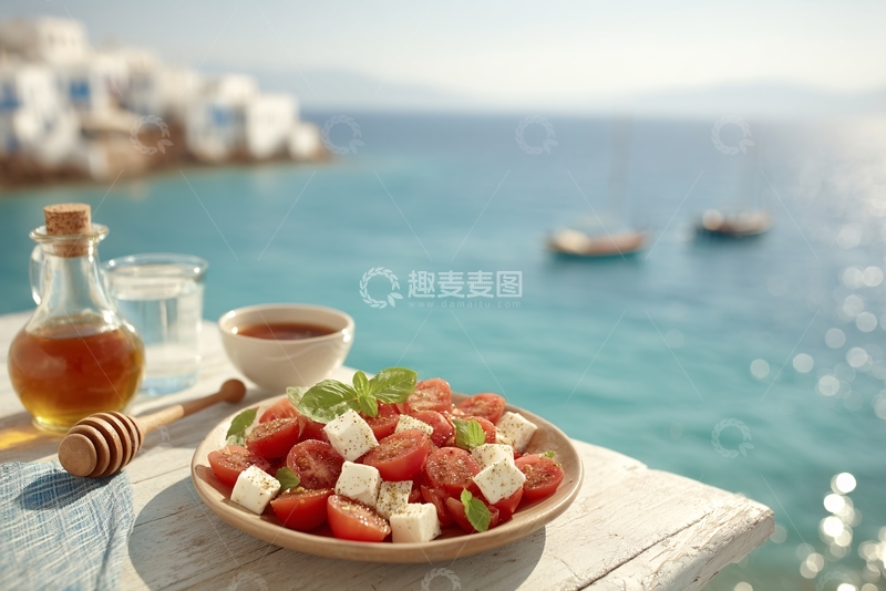 高清大图下载【趣麦麦图】-海边木桌上的美味番茄奶酪沙拉987