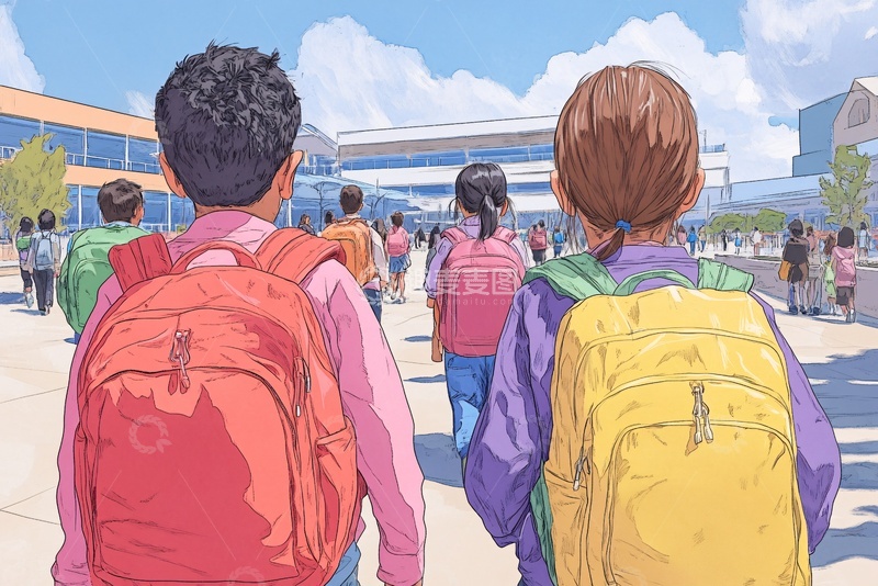 高清大图下载【趣麦麦图】背着书包的孩子们走向学校210