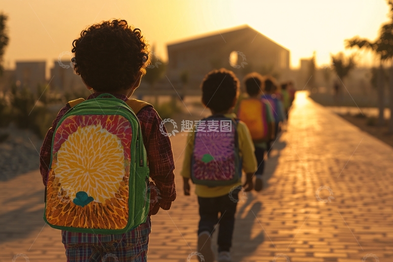 高清大图下载【趣麦麦图】孩子们背着书包走在上学路上831
