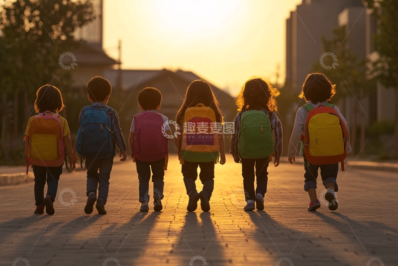 高清大图下载【趣麦麦图】背着书包的孩子们走向夕阳259