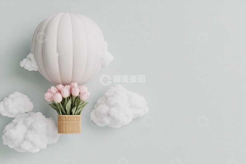 高清大图下载【趣麦麦图】-载着花束的热气球与云朵插画401