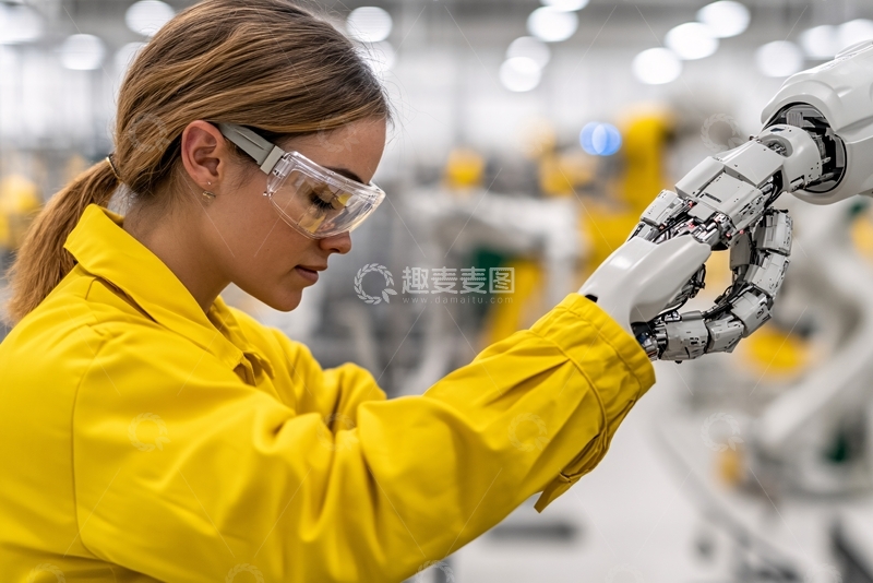 高清大图下载【趣麦麦图】-女工与机械臂在工厂互动602
