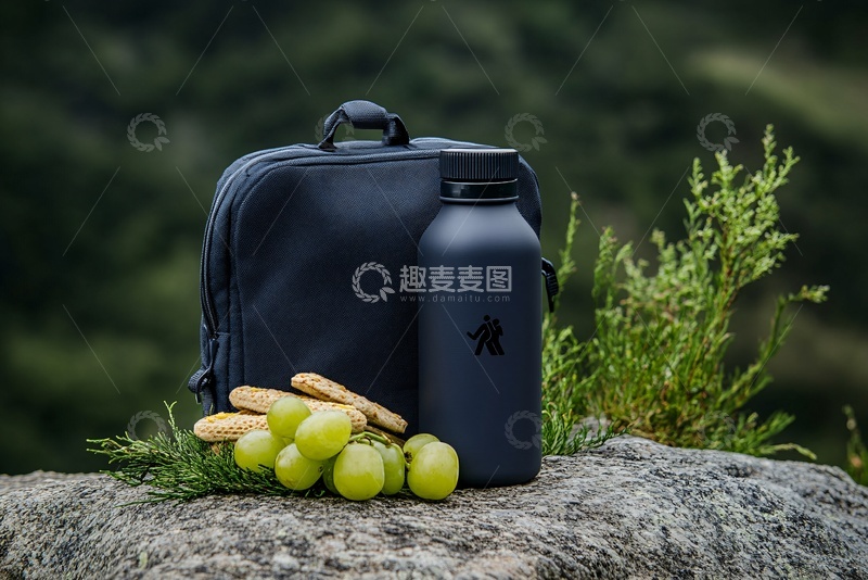 高清大图下载【趣麦麦图】户外岩石上的餐包水壶与水果470