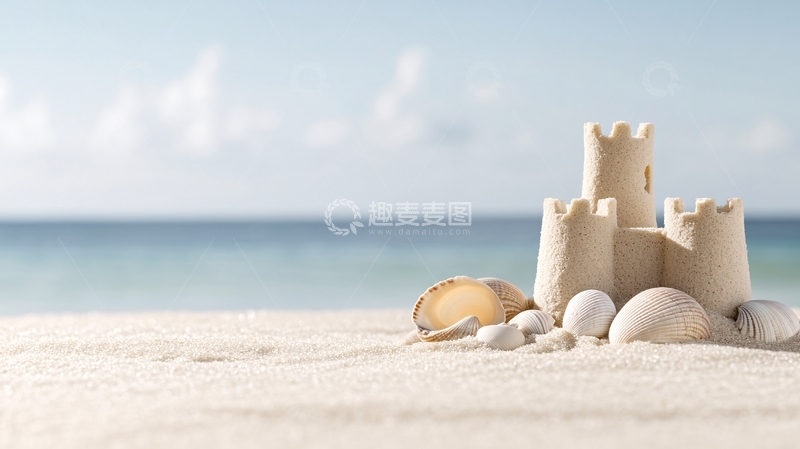 高清大图下载【趣麦麦图】沙滩上的贝壳与沙堡536