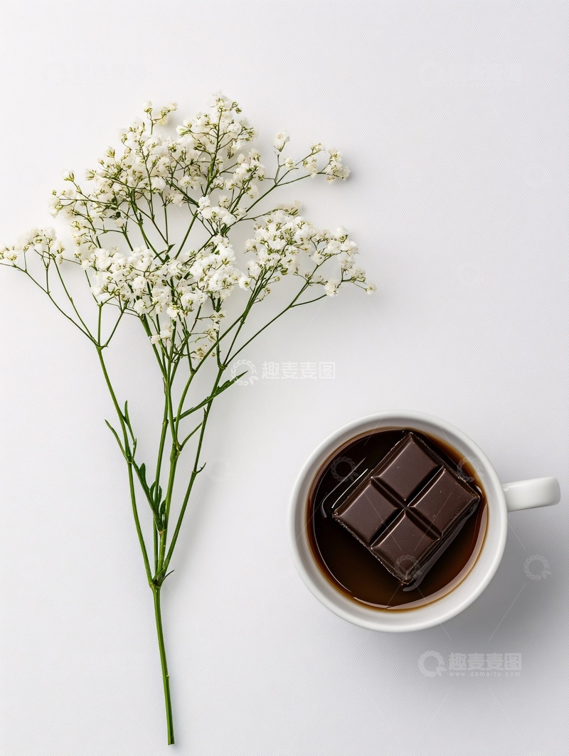 高清大图下载【趣麦麦图】杯中巧克力与小白花静物图338