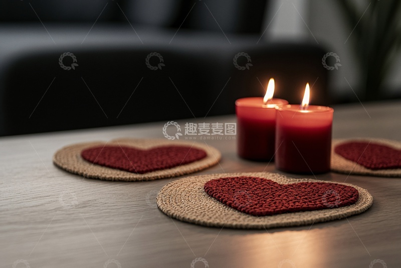 高清大图下载【趣麦麦图】-桌上红心杯垫与点燃蜡烛044