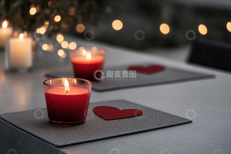 高清大图下载【趣麦麦图】-桌上点燃的红蜡烛与心形装饰621