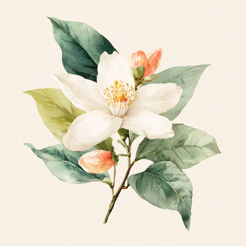 高清大图下载【趣麦麦图】-水彩风格白色花卉插画610