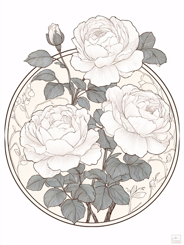 圆形框内的白玫瑰花插画872