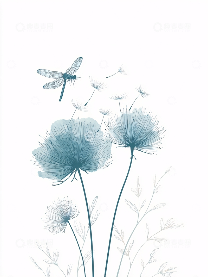 高清大图下载【趣麦麦图】蓝调蒲公英与蜻蜓插画830