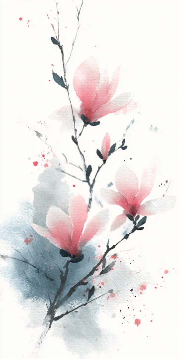 水墨风玉兰花枝插画489