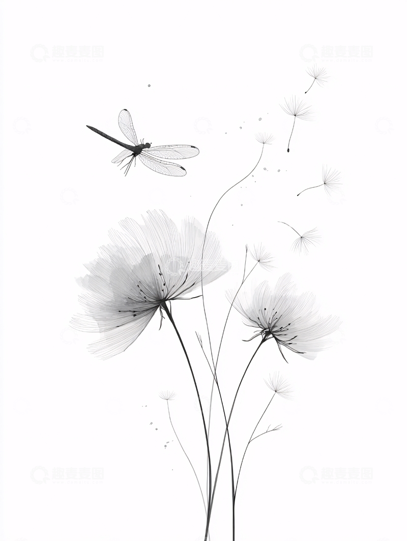 高清大图下载【趣麦麦图】黑白花卉与蜻蜓插画413
