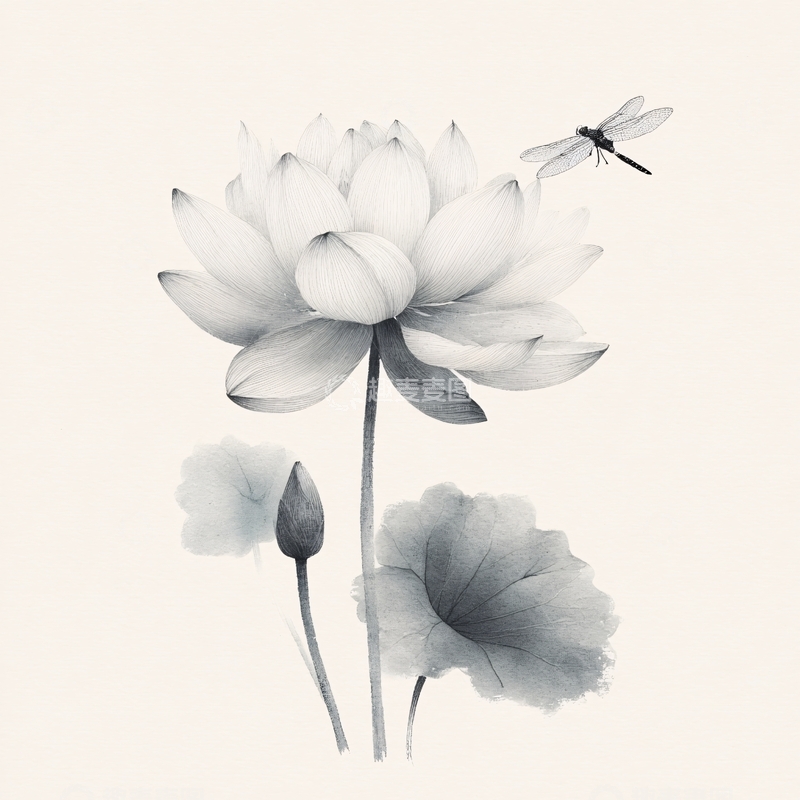 高清大图下载【趣麦麦图】水墨荷花与蜻蜓插画393