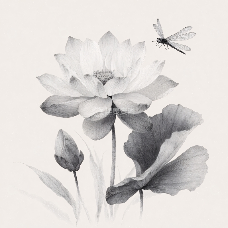 高清大图下载【趣麦麦图】水墨荷花与蜻蜓插画259