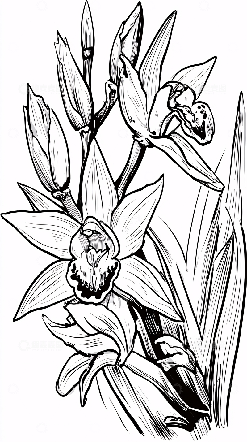 高清大图下载【趣麦麦图】黑白手绘兰花插画579
