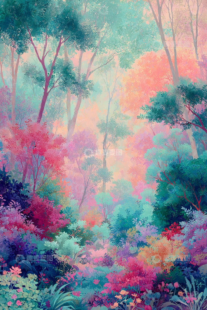 高清大图下载【趣麦麦图】-梦幻多彩森林插画304