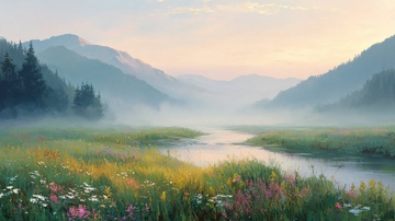 山间晨雾中的美丽河谷风景904