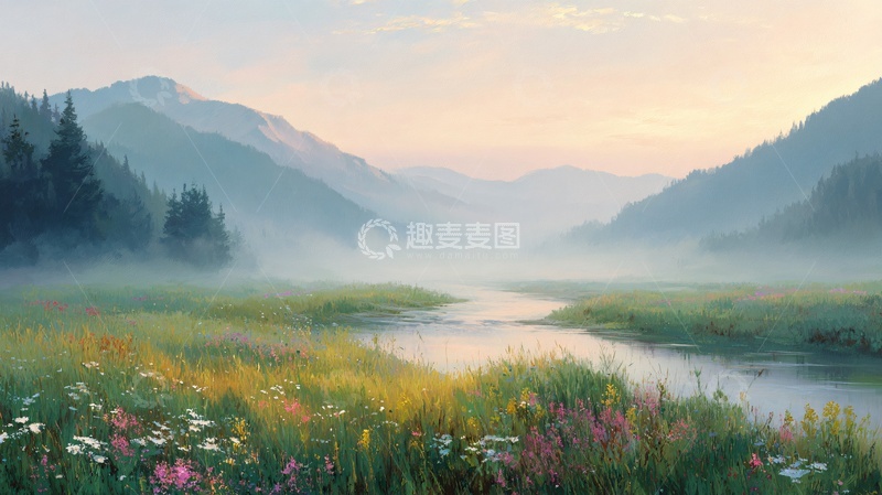 高清大图下载【趣麦麦图】-山间晨雾中的美丽河谷风景904