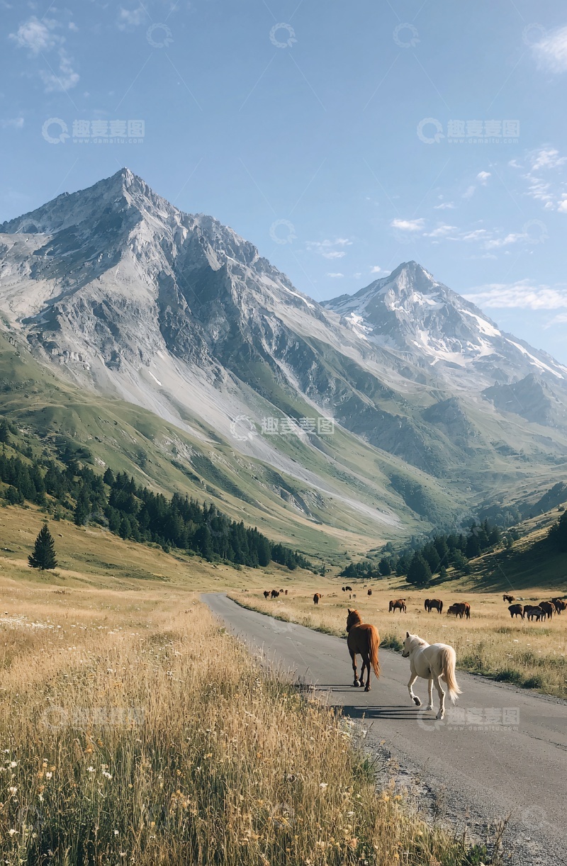 高清大图下载【趣麦麦图】山间公路上的马匹与美景707