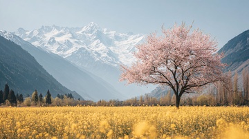 山间繁花树与壮丽雪山景观492