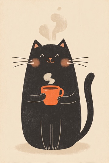 抱咖啡杯的黑猫插画231