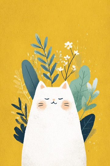 插画中闭眼的可爱白猫793
