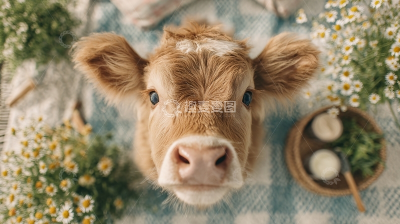 高清大图下载【趣麦麦图】-可爱小牛与花草的温馨画面553