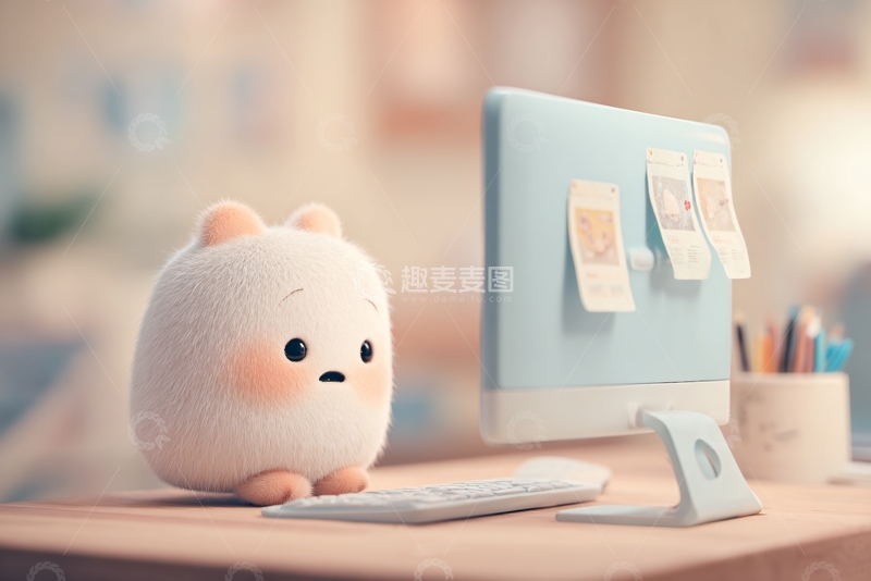 高清大图下载【趣麦麦图】-可爱毛绒玩偶在电脑前402