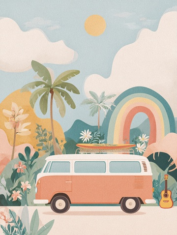 夏日旅行插画中的复古房车497