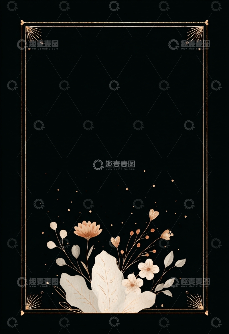高清大图下载【趣麦麦图】黑金花卉边框插画背景328