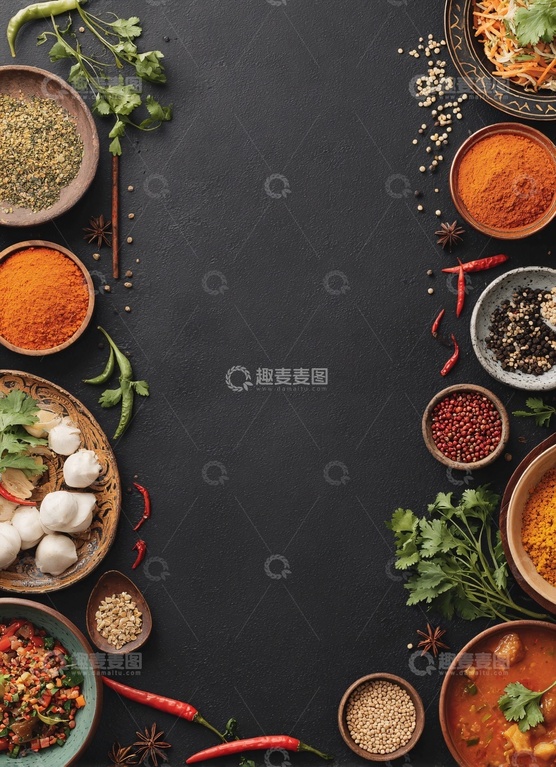 高清大图下载【趣麦麦图】各式烹饪香料摆放在黑背景上785