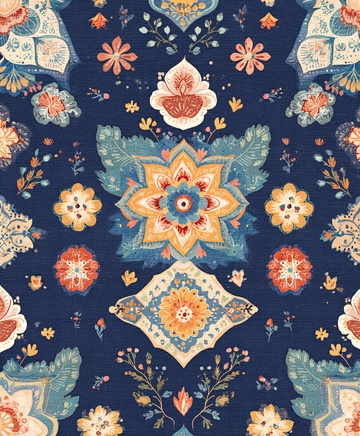 深蓝色底多彩花卉图案166