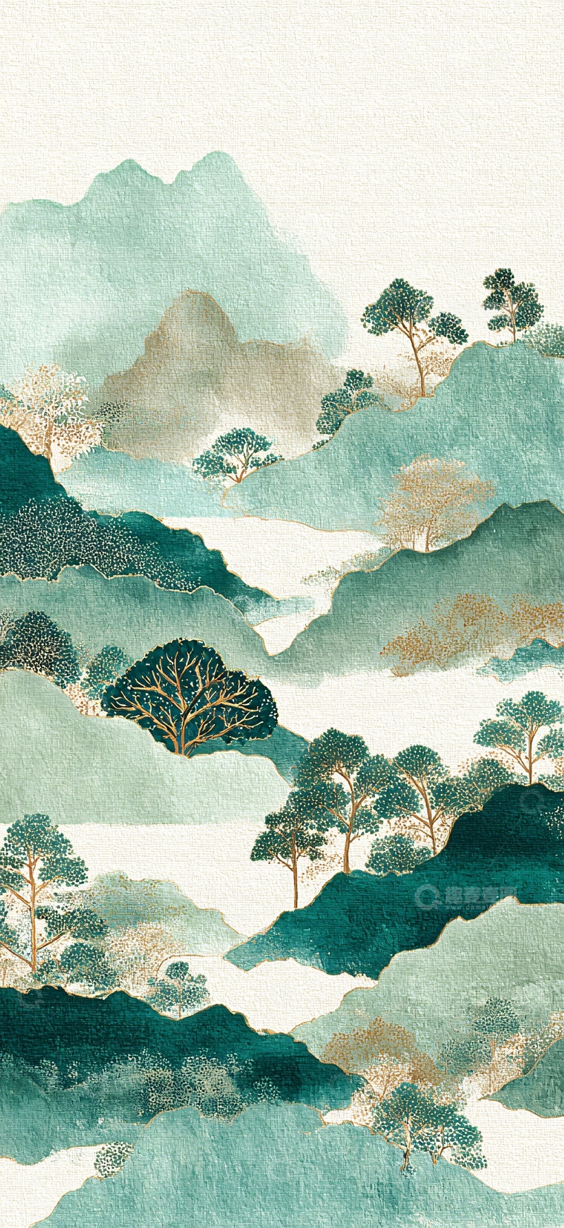 高清大图下载【趣麦麦图】-水墨风青绿山水插画524