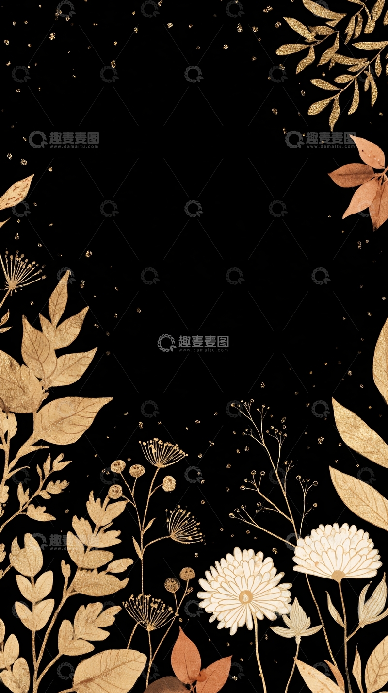 高清大图下载【趣麦麦图】黑金花卉插画背景图080