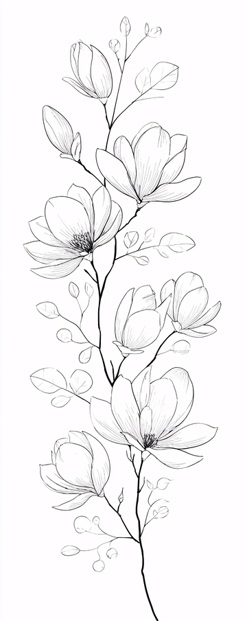 黑白线条玉兰花枝插画236