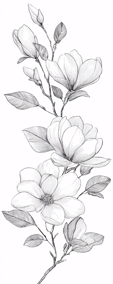 黑白线条玉兰花插画906