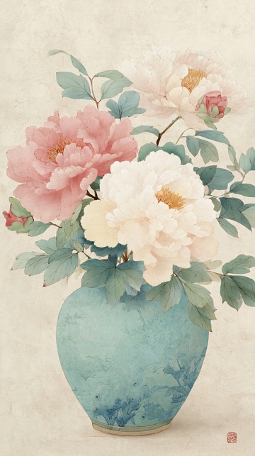 青花瓷瓶中的牡丹花卉插画344