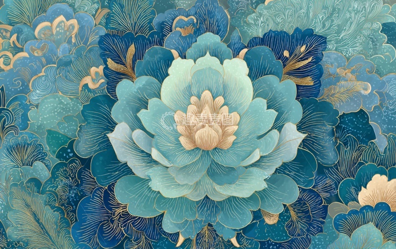 高清大图下载【趣麦麦图】-蓝绿色调花卉插画图案702