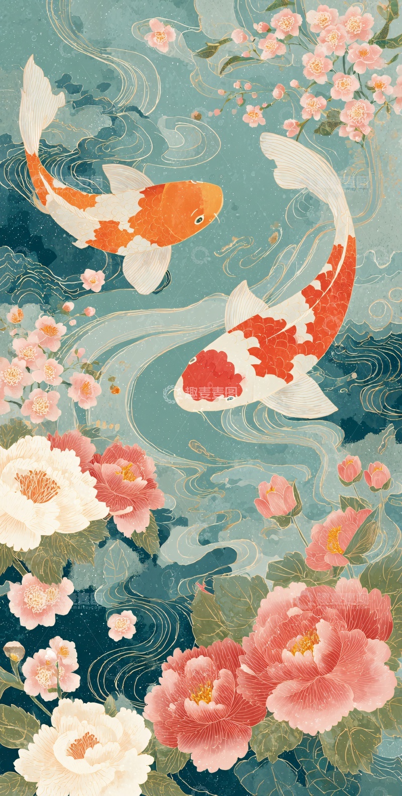 高清大图下载【趣麦麦图】锦鲤与花卉的国风插画863