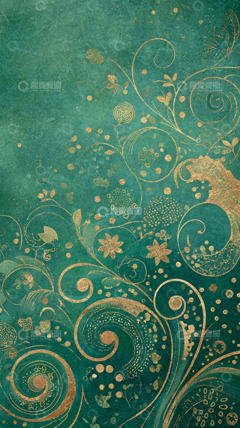 高清大图下载【趣麦麦图】-青绿色底金色花纹装饰图案402