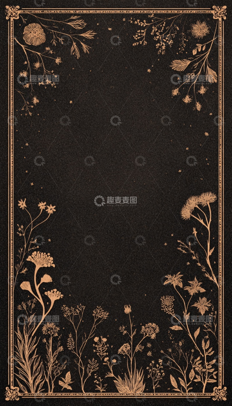 高清大图下载【趣麦麦图】-黑金花卉边框插画背景556