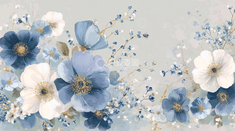 高清大图下载【趣麦麦图】蓝白花卉插画背景图654