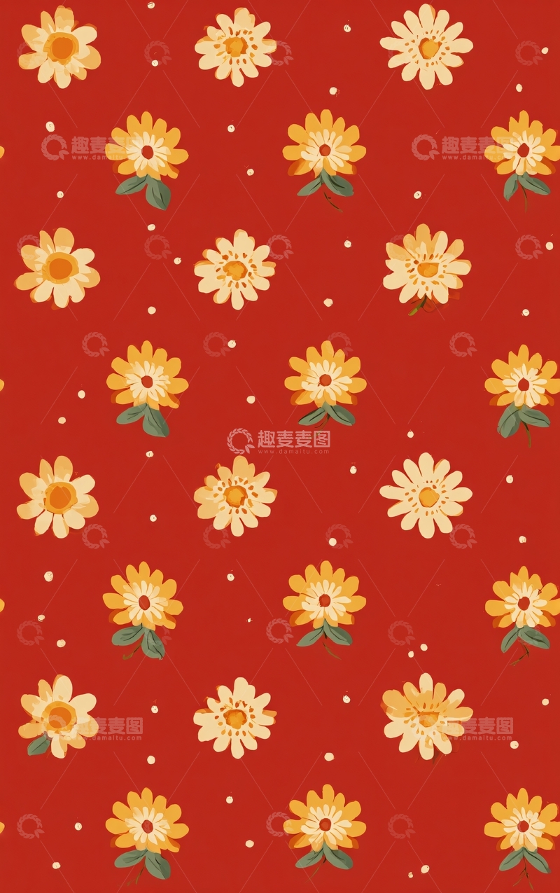 高清大图下载【趣麦麦图】红色背景黄色小花图案773