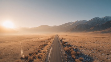 沙漠公路与远山日出景象664