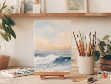 画架上的海景画作与绘画工具524