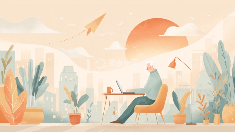 高清大图下载【趣麦麦图】-坐在阳台办公的男子插画875
