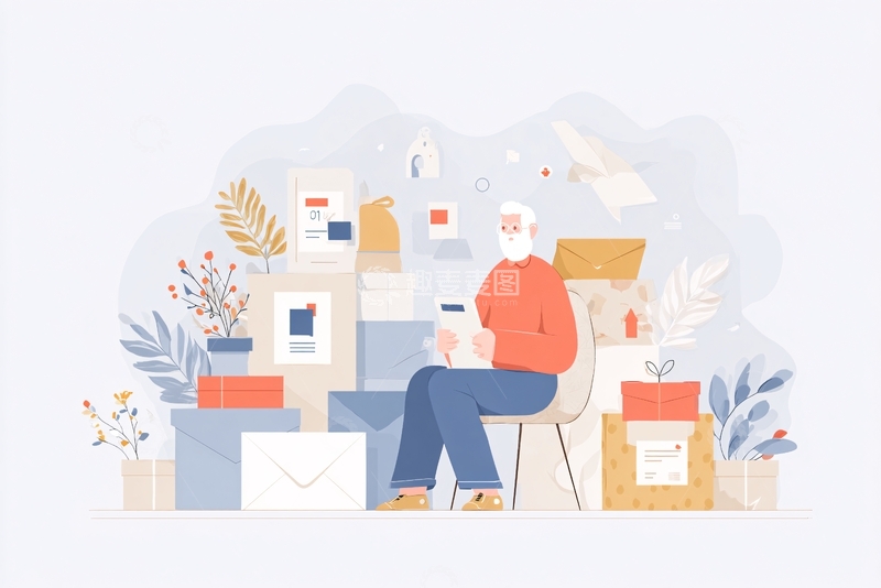 高清大图下载【趣麦麦图】-坐在包裹堆中的人物插画182