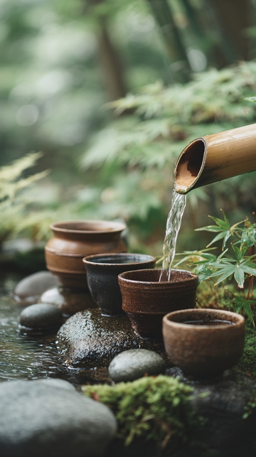 户外流水注陶杯的静谧场景429